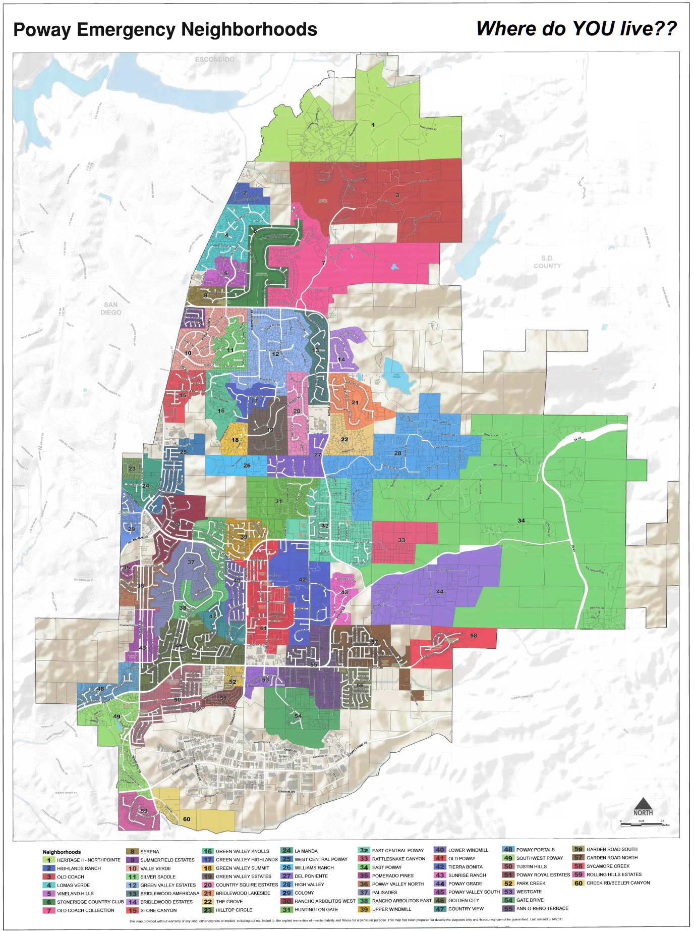 Poway Emergency Neighborhood Map showing 60 numbered districts.